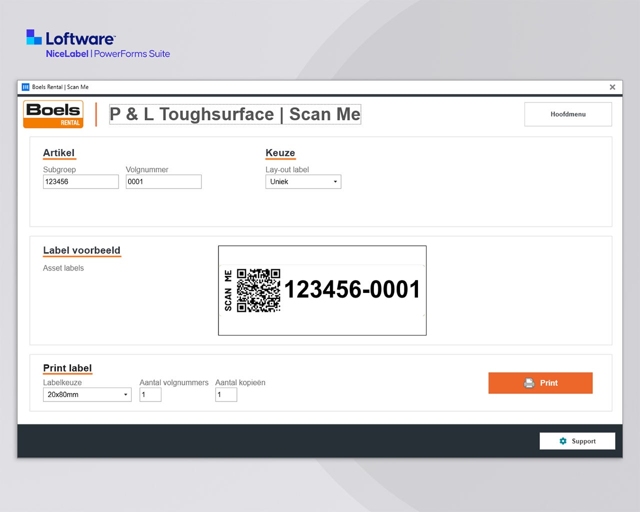 PowerForms printscherm voor Scan Me asset labels met subgroep, volgnummer en QR-code